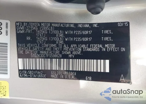 2015 Toyota Sienna L 7 Passenger z USA, uszkodzony, nr VIN 5TDZK3DC1FS598628